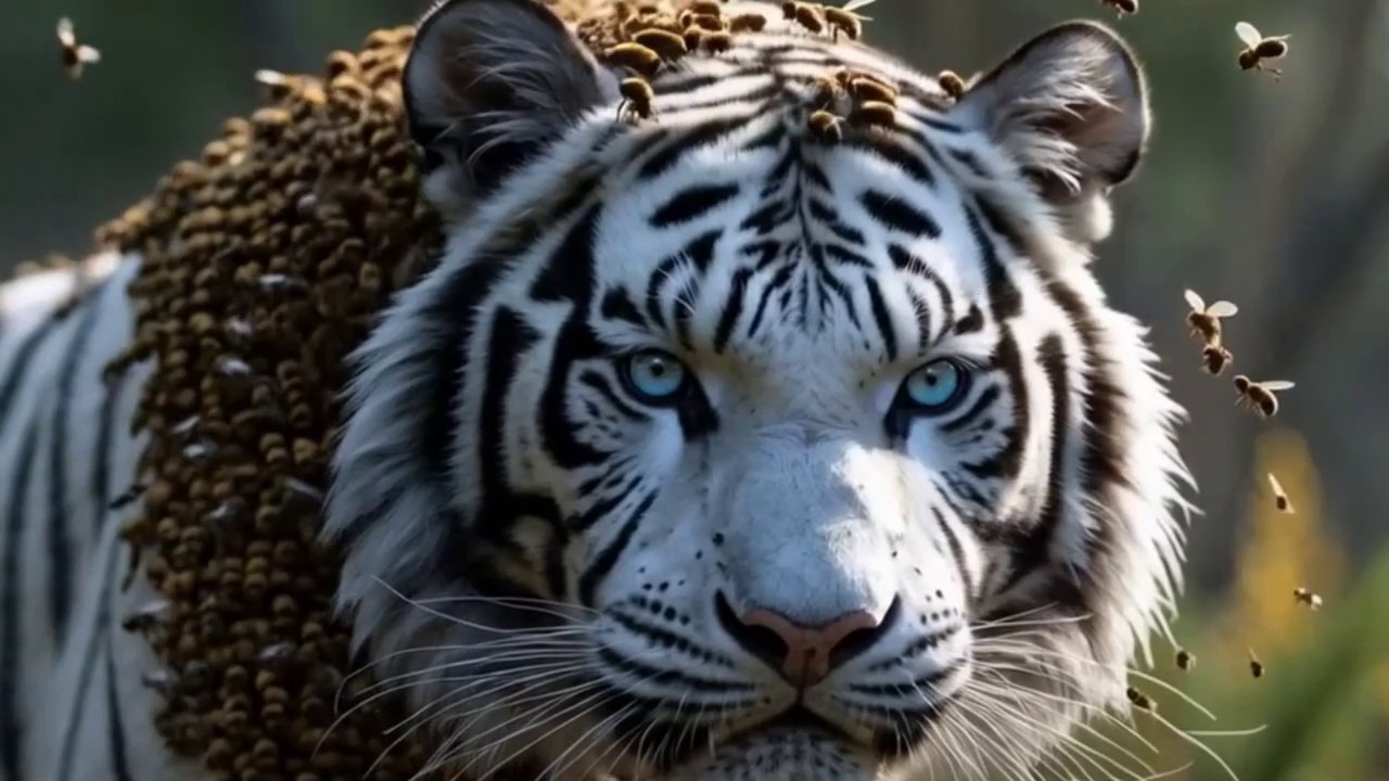 A white tiger was hunting when suddenly it was invaded by millions of parasitic wasps. When people saw it, they immediately called the rescue team./ The daring rescue of a tiger in Savannah.