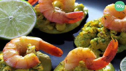 Corolles de guacamole, gambas sautées au curcuma et citron vert
