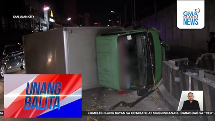 Closed van na hinahatak ng tow truck, bumangga sa mga concrete barrier at tumagilid | Unang Balita