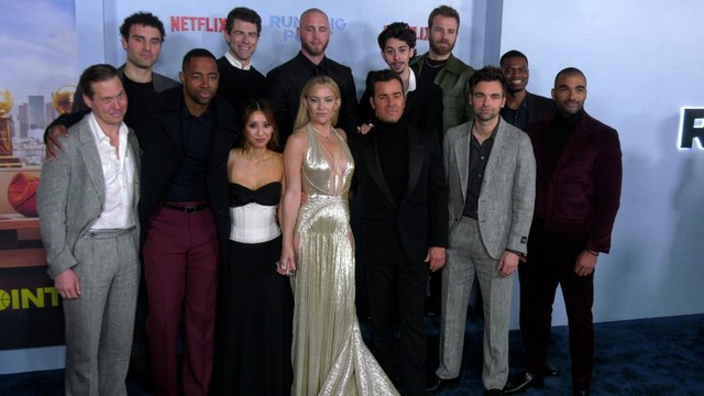 The cast of Netflix's Running Point poses together at the premiere with Kate Hudson, Brenda Song, and more