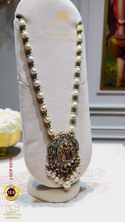 18K Gold Pearl Necklace with Ram Parivar Pendant