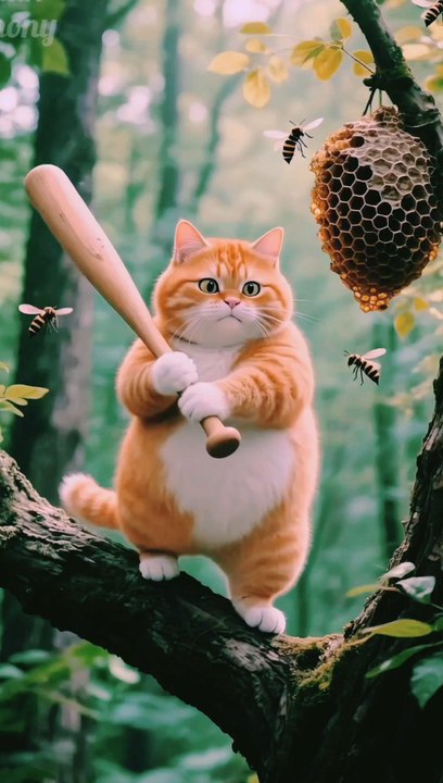 Cat Climbs Tree and Fights Bees with a Stick