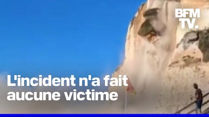 Un pan de falaise s'effondre sur une plage en Normandie