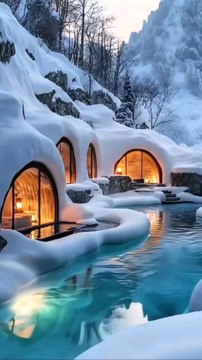Snowy Mountain Resort Paradise, Cave-Style, cozy,Tourism, Vacation, Scenic Wonderland.