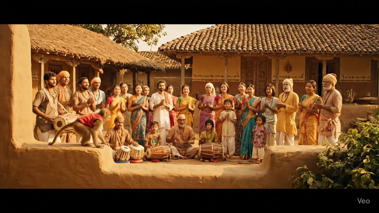 🐒 The Talking Monkey – Bhajan in the VillageOnce upon a time, a little monkey wandered from the city and reached a quiet village. In the village square, people were gathered, singing bhajans with drums, cymbals, and claps.The monkey got ex