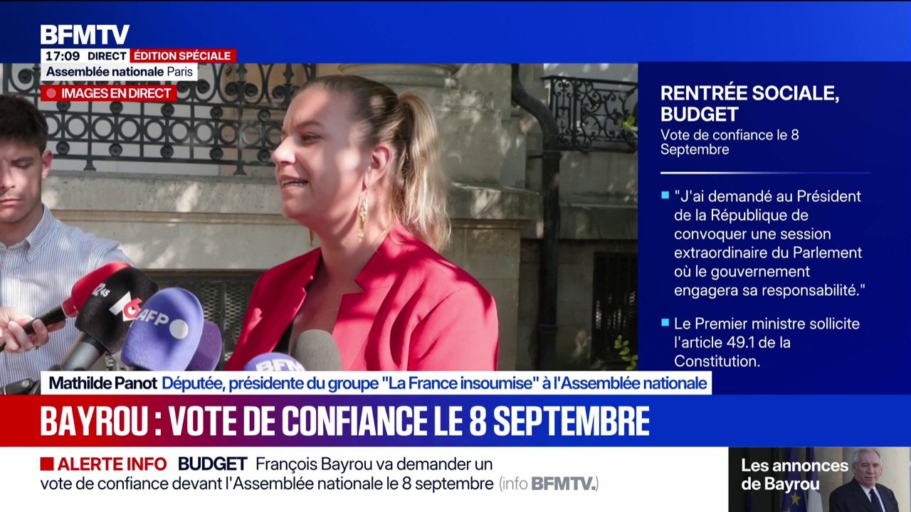 Vote de confiance: "Nous voterons pour faire tomber Bayrou et son gouvernement", affirme Mathilde Panot, président du groupe "La France Insoumise" à l'Assemblée nationale