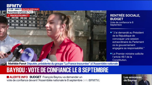 Vote de confiance: Nous voterons pour faire tomber Bayrou et son gouvernement , affirme Mathilde Panot, président du groupe La France Insoumise à l'Assemblée nationale