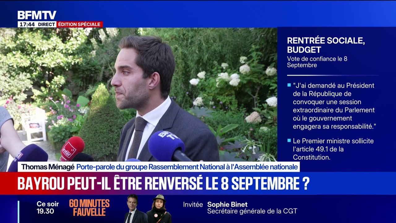 "Nous ne voterons pas la confiance à François Bayrou", assure Thomas Ménagé, porte-parole du groupe Rassemblement national à l'Assemblée nationale