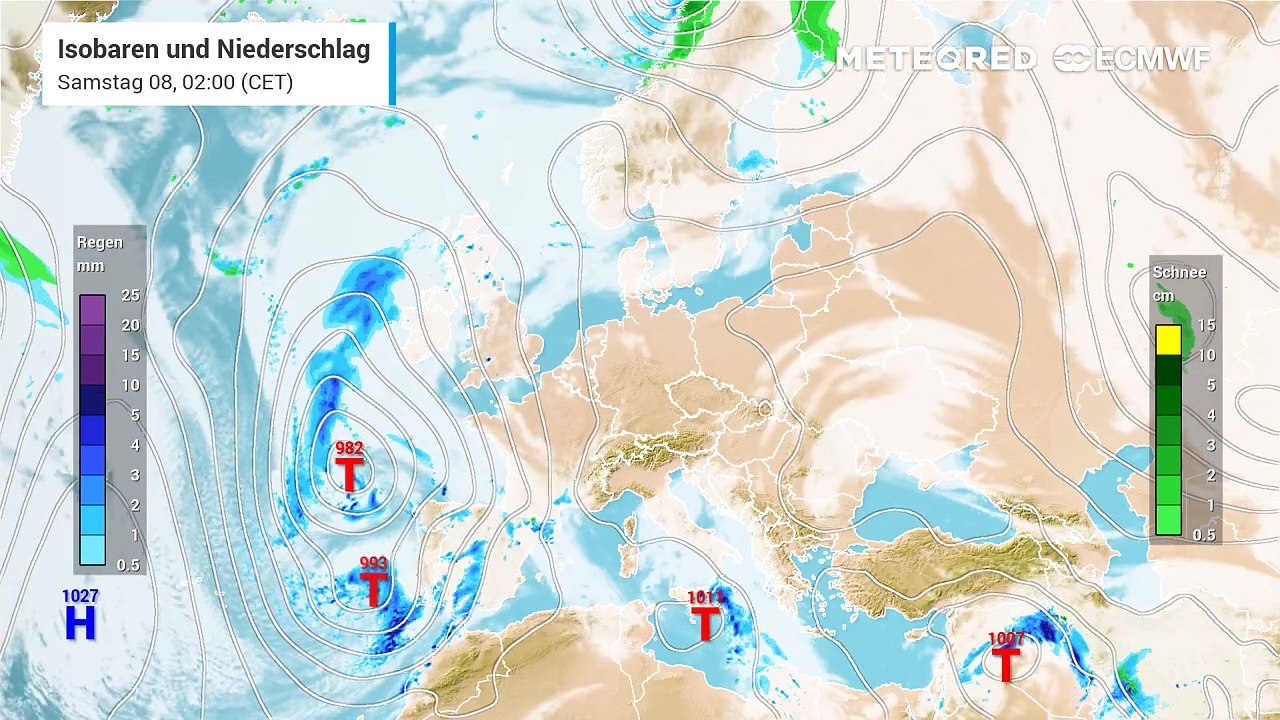 Frühlingserwachen dank Hoch Ingeborg in Deutschland und „Land unter“ auf der Iberischen Halbinsel aufgrund der Tiefdruckgebiete auf dem Atlantik.