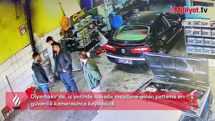 İş yerinde meydana gelen sobadaki patlama anı kamerada
