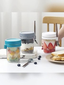Perfect for DIY oats & storing grains, salads Portable Breakfast Oatmeal Cup with Lid & Spoon