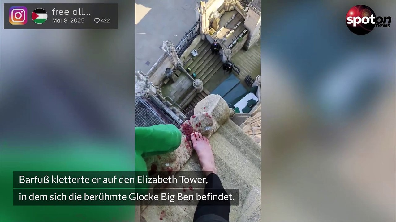 Protestler klettert barfuß auf londoner wahrzeichen