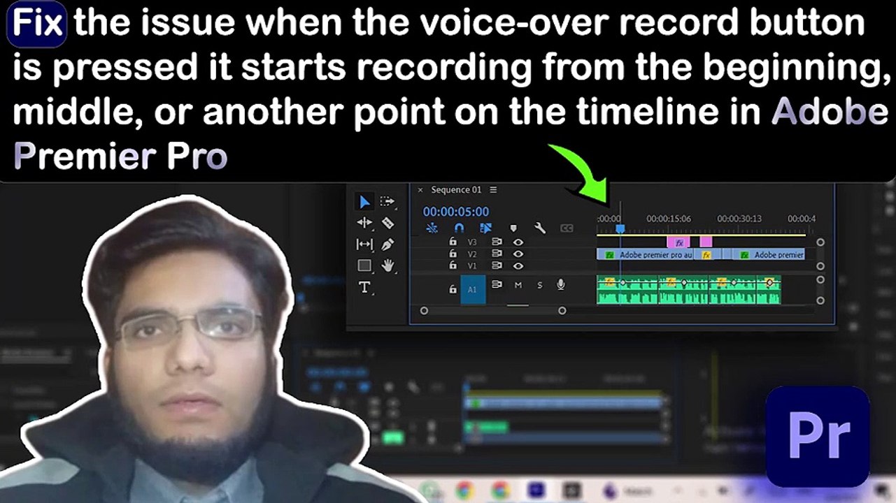 How to fix the issue in Adobe Premiere Pro where pressing the voice-over record button starts recording from the beginning, middle, or another point on the timeline