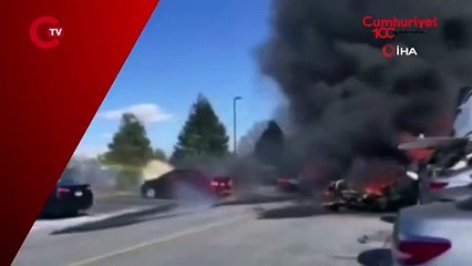 Açık kapıyla kalkış yapan uçak otoparka çakıldı Alevler içinde kaldı
