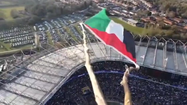 Drone flying Palestine flag hovers over Twickenham during England and Italy Six Nations match