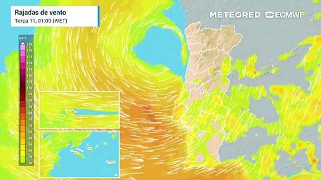 Espera-se uma intensificação do vento nos Açores e em Portugal com aproximação de depressão. Esperam-se rajadas de vento superiores a 120 km/h.