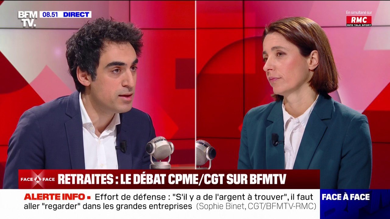 "C'est dangereux, c'est jouer à la roulette russe": l'échange entre Sophie Binet (CGT) et Amir Reza-Tofighi (CPME) sur la retraite par capitalisation