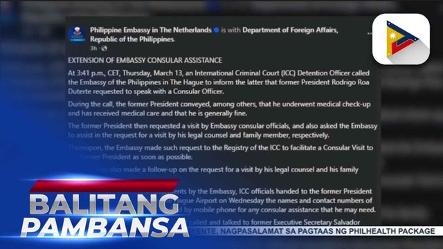 PH Embassy sa Netherlands, kinumpirmang humingi sa kanila ng tulong si dating Pres. Duterte