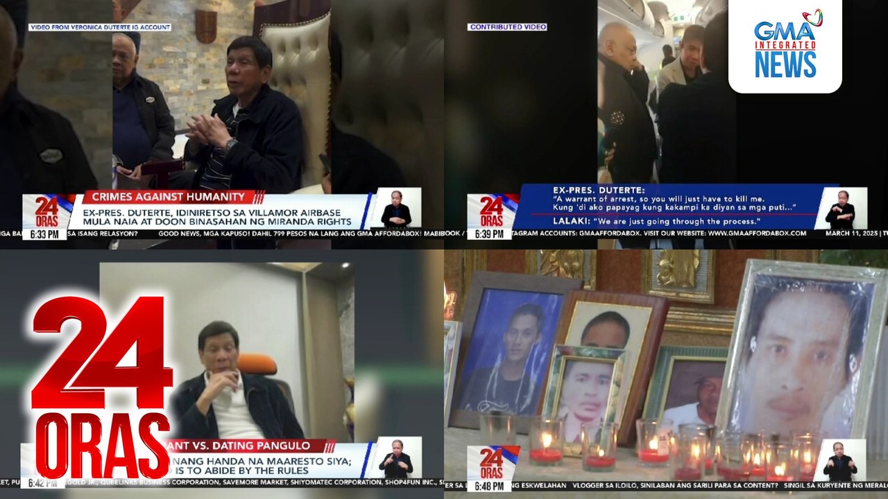 24 Oras: (Part 1) Pinag-uusapan nang ibyahe si ex-Pres. Duterte sakay ng eroplano ayon sa anak niyang si Kitty; FPRRD, sinalubong sa NAIA ng PNP, CIDG, at Interpol bitbit ang warrant of arrest mula ICC; FPRRD, matagal nang handa na maaresto..., atbp.