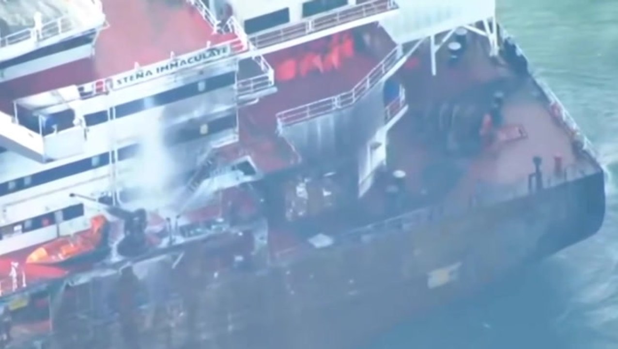 North Sea oil tanker scorched after collision, aerial images reveal