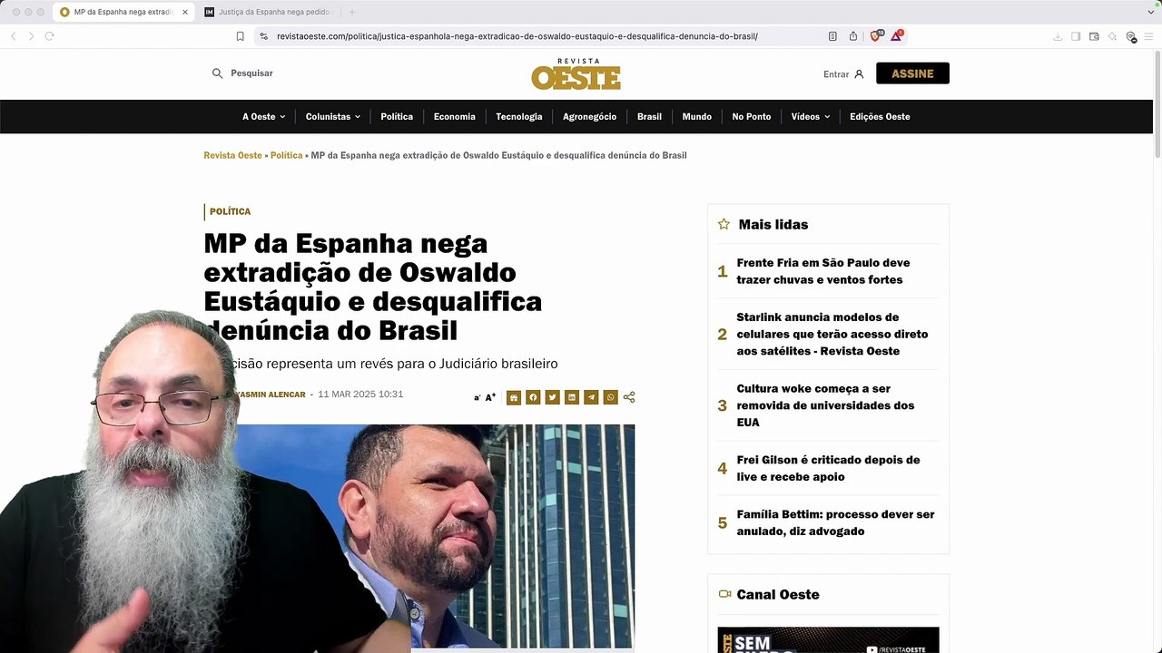 MINISTÉRIO PÚBLICO da ESPANHA diz que NÃO TEM CRIME nas AÇÕES de OSWALDO EUSTÁQUIO e NEGA EXTRADIÇÃO