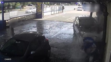 Moment father drives Mercedes SUV into own son at car wash over ‘cheating’ row