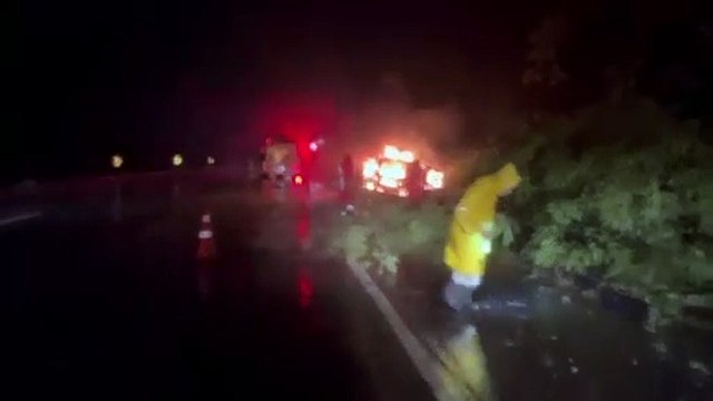 Carro de luxo pega fogo após bater em árvore e motorista morre na BR 060