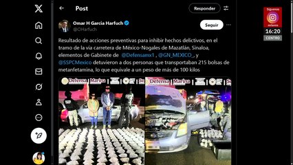 Detienen a dos traficantes con 215 bolsas de metanfetamina en la carretera México-Nogales