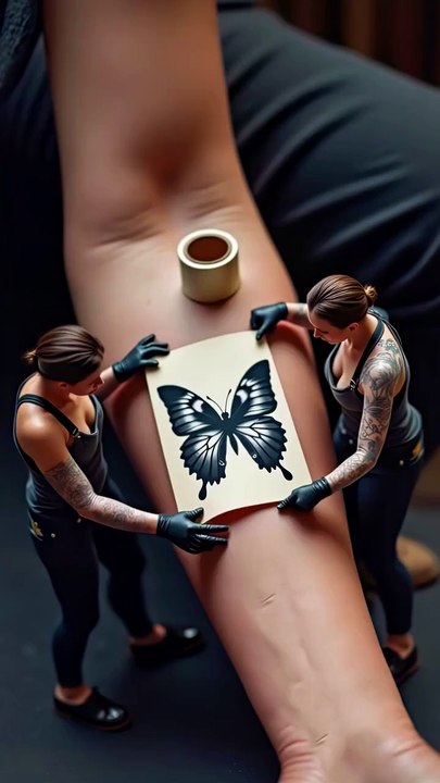 Bu görüntü, bir dövme sahnesinitasvir eden yapay zeka tarafından oluşturulmuş bir görsel gibi görünüyor. Kolda büyük bir kelebek şablonu tutuluyor