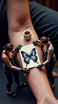 Bu görüntü, bir dövme sahnesinitasvir eden yapay zeka tarafından oluşturulmuş bir görsel gibi görünüyor. Kolda büyük bir kelebek şablonu tutuluyor