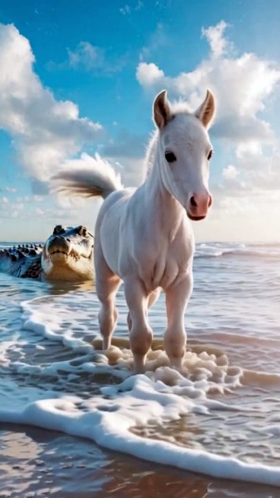 A baby horse was playing by the seashore.