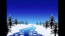 Dessin Photoshop d'un paysage fluvial avec de la neige et des arbres