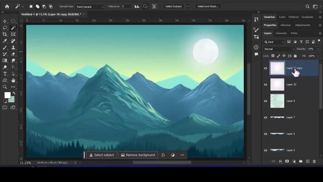 Dessin Photoshop d'un paysage de montagne avec un ciel clair et une pleine lune