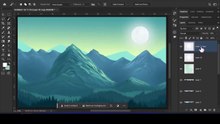 Dessin Photoshop d'un paysage de montagne avec un ciel clair et une pleine lune
