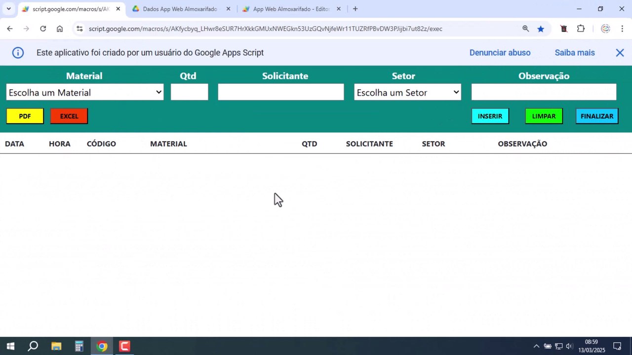 Planilhas Google - Página App Web de Pedido de Material Almoxarifado