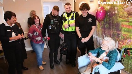 Lilian Hollinshead celebrates her 102nd birthday at Dovedale Court Care Home, Wednesbury, with staff, police and firefighters.
