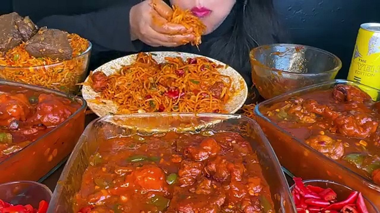 ASMR EATING SCHEZWAN NOODLES,SPICY MUTTON FRIEDRICE,CHILLI CHICKEN,CHICKENLOLLIPOP _FOOD VIDEOS_