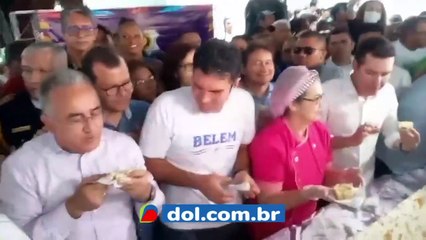b'Autoridades comem bolo no aniversa1rio de Bela9m'