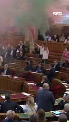 Diputados de la oposición protestan con bengalas en el parlamento húngaro por la prohibición del Orgullo LGTBI