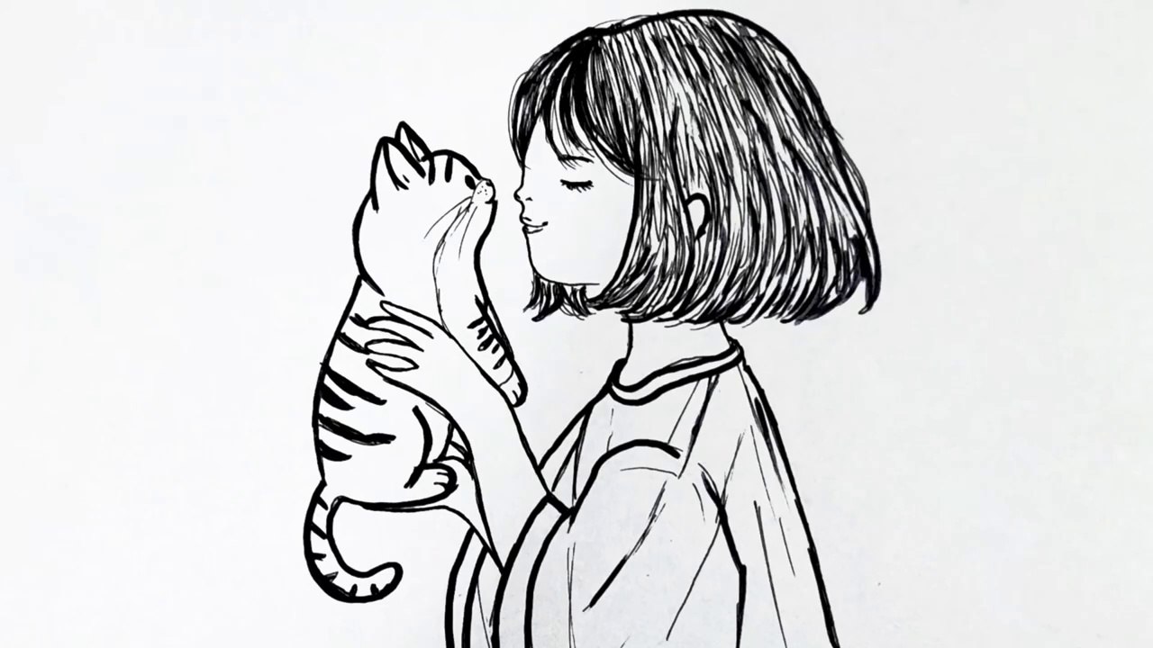 How to draw a girl with cat __ Cute and easy drawing for beginners