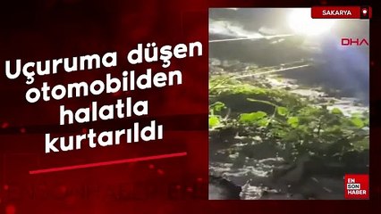 Sakarya'da uçuruma düşen otomobilde sıkışan sürücü halatla kurtarıldı