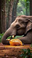A distressed elephant lies on the forest floor, while bees swarm aggressively