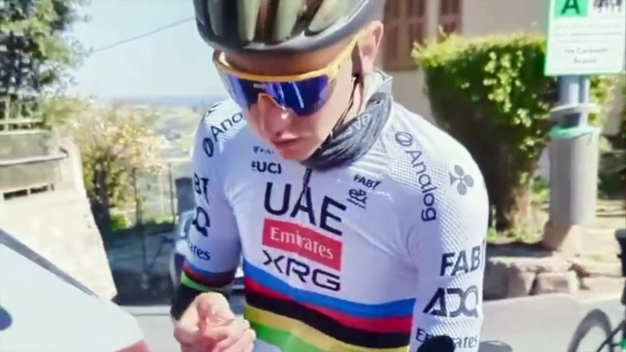 Cycling - Milan-San Remo 2025 - Milan-San Remo 2025 - Tadej Pogacar tells a fan about his Milan-San Remo recon this Wednesday