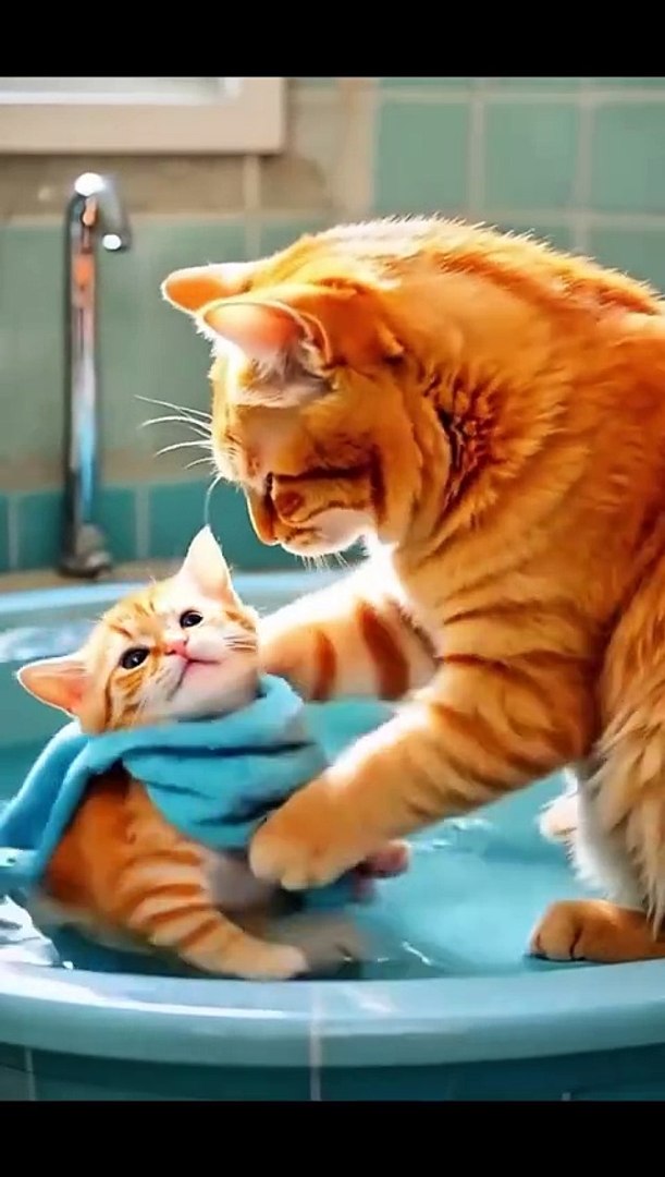 ⁣Master cat take care of her kitten