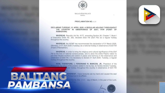 April 1, idineklara bilang regular holiday bilang paggunita sa Eid'l Fitr