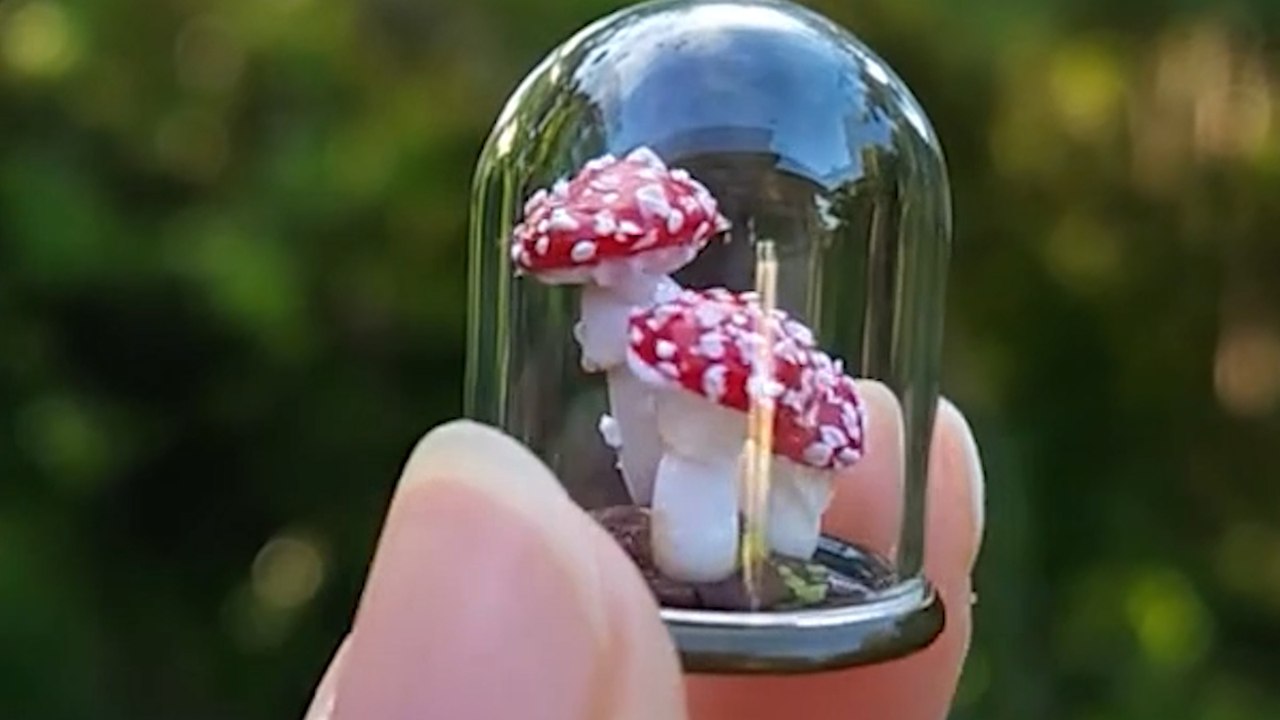 Künstler fertigt realistische miniatur-lebensmittel an, darunter birnen, pilze und eine käseplatte