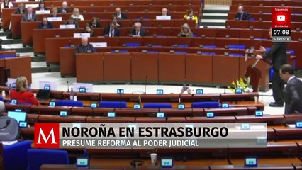 Ante un foro medio vacío, Noroña presume elección judicial en Europa