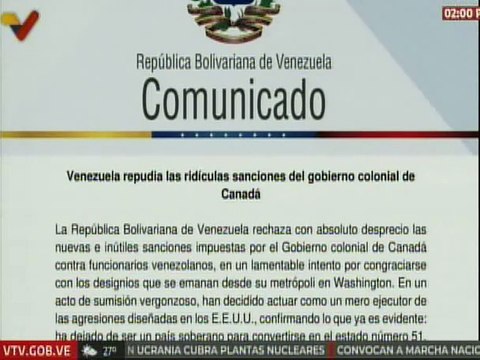 Comunicado | Venezuela rechaza sanciones de Canadá contra funcionarios venezolanos