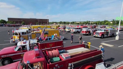 Fire Trucks Departing Expo Center - 2021 Pump Primers Muster