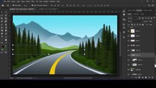 photoshop drawing: Route dans un paysage forestier avec montagne